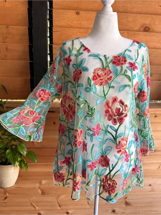 T&J Designs Tops - T&J Designs women’s Sheer Tunic with Pink, Teal & Green Floral Embroidery size L